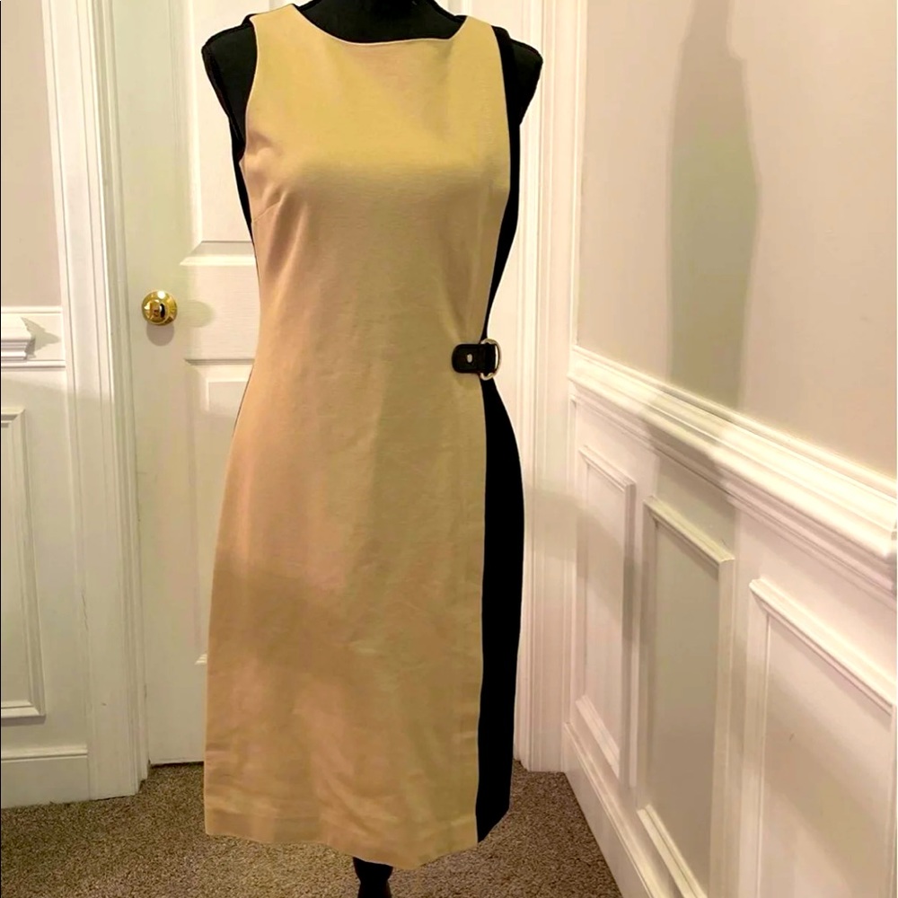 Ralph Lauren Tan and Black Colorblock Belted Midi dress